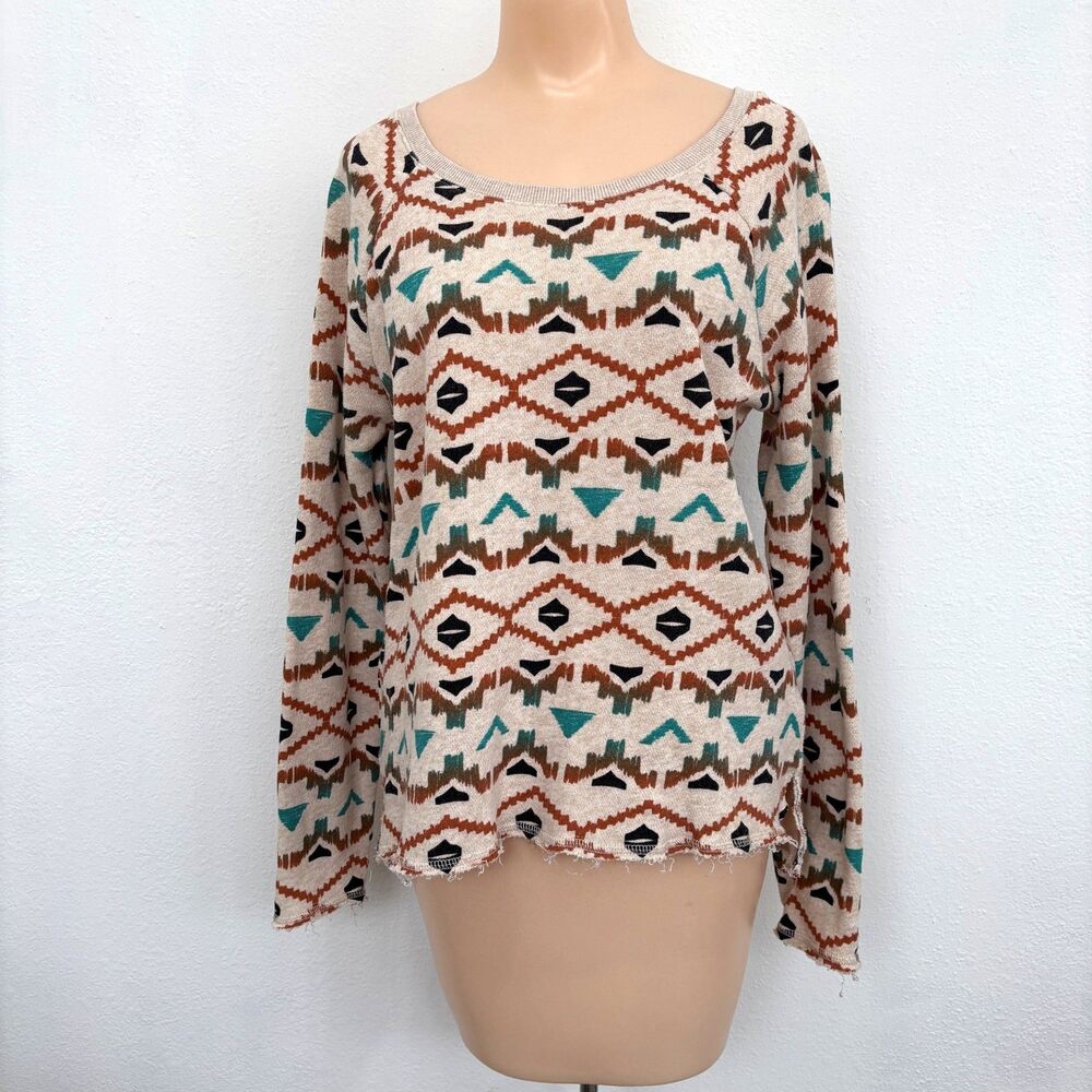 Billabong Womens Aztec Sweatshirt Medium Southwestern Tribal Rustic Distressed